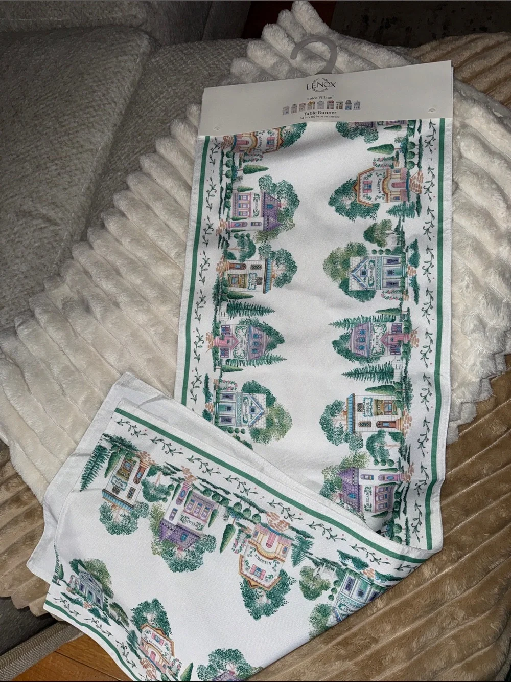 Lenox Spice VillageWhite & Green Scenic Village Table Runner with Pastel Accents